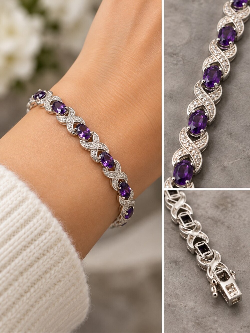 💜 Sterling Silver Amethyst XO Link Bracelet